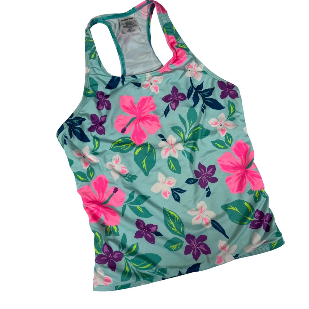 Lands End Tankini Top Kids 14 Blue Pink Floral Tropical Racerback Swim 521398